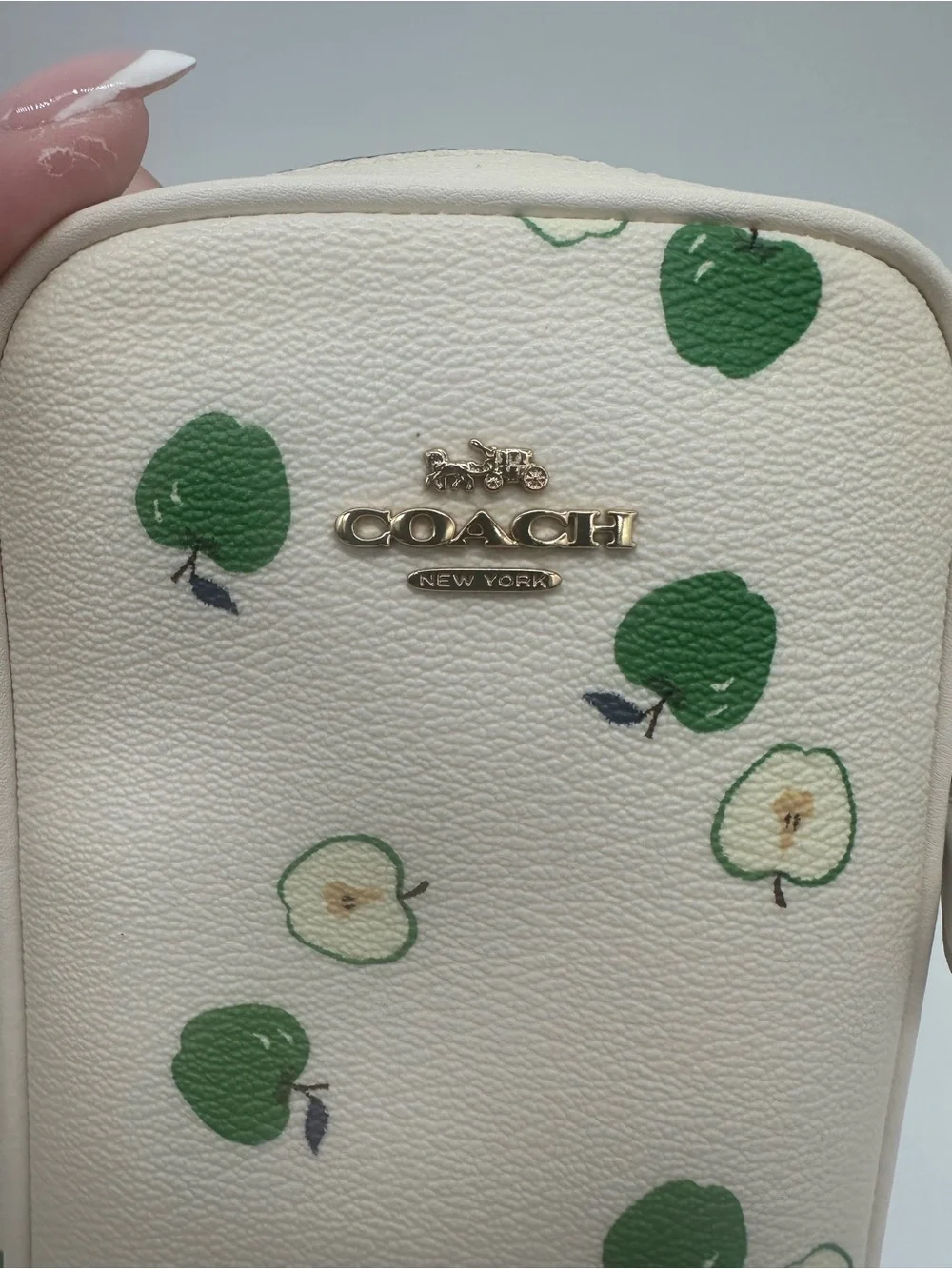 Coach Cream Crossbody Phone Pouch with Green Apple Motif